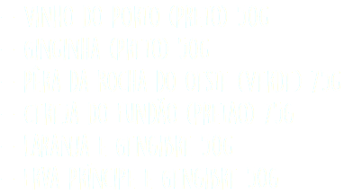 - Vinho do Porto (Preto) 50g - Ginginha (Preto) 50g - Pêra da Rocha do Oeste (Verde) 75g - Cereja do Fundão (Pretao) 75g - Laranja e Gengibre 50g - Erva Príncipe e Gengibre 50g